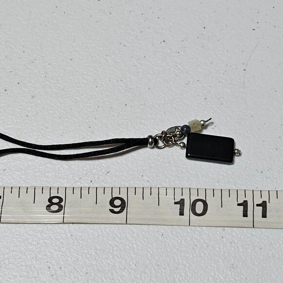 Elegant Handcrafted Black Square Pendant Cord Necklace Blue White Beads Jewelry - Picture 7 of 7